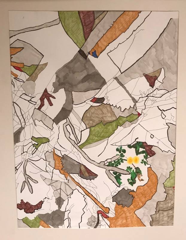 Malcolm Corley "Leaves," colored pen drawing of leaves and negative spaces in greens and browns with two small dandelion like flowers